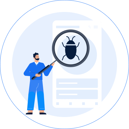 vector image of an man searching bugs in the mobile app